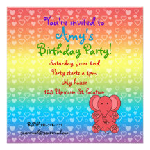 Hearts elephant on rainbow birthday invitation
