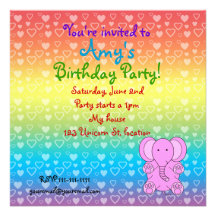 Hearts elephant on rainbow birthday invitation