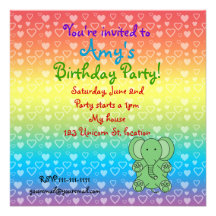 Hearts elephant on rainbow birthday invitation