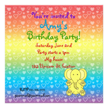 Hearts elephant on rainbow birthday invitation