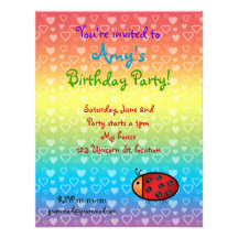Hearts ladybug on rainbow birthday invitation