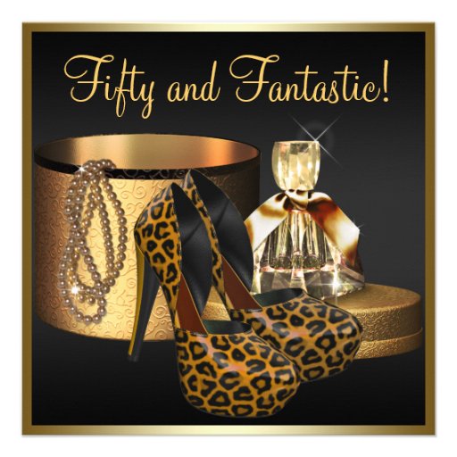 High Heel Shoes Leopard Gold Womans 50th Birthday Invites