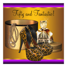 High Heel Shoes Leopard Gold Womans 50th Birthday Invites