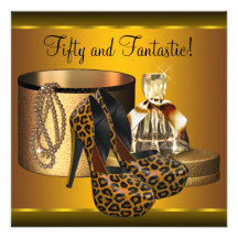 High Heel Shoes Womans Gold Leopard 50th Birthday Personalised Invites