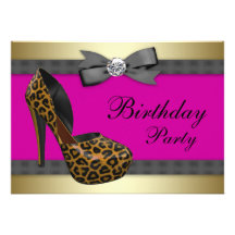 High Heels & Fuchsia Hot Pink Leopard Birthday Personalised Invitation
