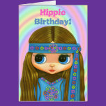 Hippie Birthday! Cute Blue Hippie Girl Doll Card cards
