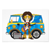 Hippie Boy with Guitar & Camper Van Custom Invitations