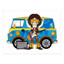 Hippie Boy with Guitar & Camper Van Post Card