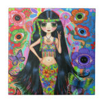 Hippie Mermaid Girl with Eye Flowers & Butterflies Tile