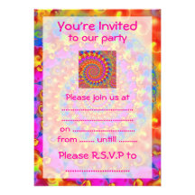 Hippy Fractal Pattern Pink Turquoise & Yellow Personalized Invites