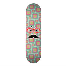 Hipster Pink and Mint Retro Mustache Skate Board