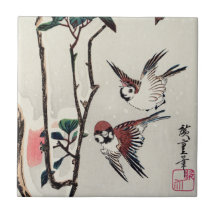 Hiroshige Sparrows and Camellias in the Snow Tile