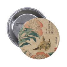 Hokusai Peony and Canary Pinback Buttons
