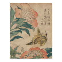Hokusai Peony and Canary Post Card