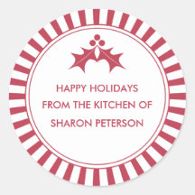 Holiday Canning Labels - Red Striped Holly Round Sticker