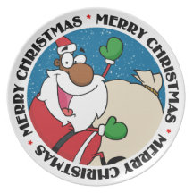 Holiday Fun Black Santa Claus Riding Sled Dinner Plates