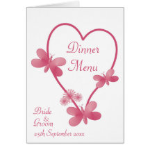 Honeysuckle Pink Heart And Butterflies Dinner Menu Card