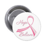 Hope Believe Brush Ribbon Breast Cancer Pinback Buttons