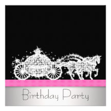 Horse Carriage Pink Black Princess Birthday Party Custom Invitation