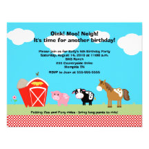 Horse, Cow & Pig Barnyard Birthday Invitations