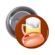 Hot dog on a bun and beer with all the fixin's pins