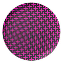 Hot Pink and Black Pattern Crosses Plus Signs Dinner Plate