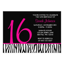 Hot Pink and Black Zebra Sweet 16 Number Birthday Custom Announcement