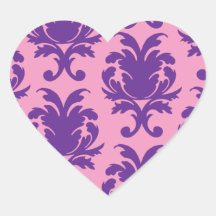 hot pink and deep purple pretty damask pattern heart stickers