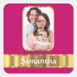 Hot pink and gold personalized square stickers