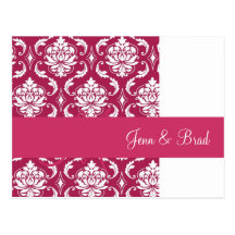 Hot Pink and White Damask Wedding Announcement Postcards