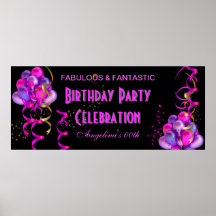 HOT PINK Banner Birthday Party Celebration Black Posters