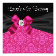 Hot Pink Black Damask 40th Birthday Party Personalized Invites
