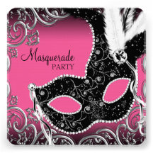 Hot Pink Black Mask Masquerade Party Custom Invitations