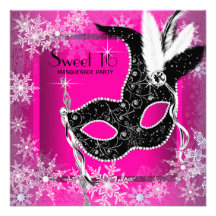 Hot Pink Black Snowflake Sweet 16 Masquerade Party Custom Invitations
