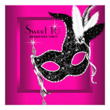 Hot Pink Black Sweet 16 Masquerade Party Invitations