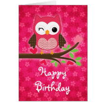 Hot Pink Cute Owl Girly Happy Birthday Greeting Cards