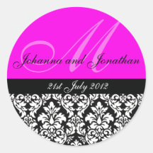 Hot Pink Damask Monogram Wedding Stickers
