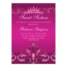 Hot Pink Damask & Tiara Sweet 16 Birthday Invite