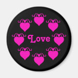 Hot pink girly love hearts on black refrigerator magnets