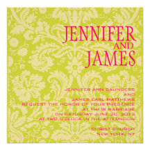 Hot Pink Green Cream Damask Wedding Invitation