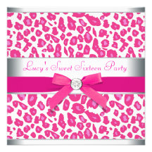 Hot Pink Leopard Bow Pink Leopard Sweet 16 Party Custom Invitations