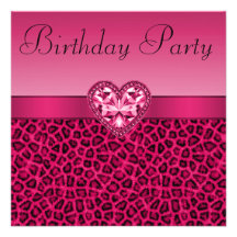 Hot Pink Leopard Print & Bling Heart Birthday Personalized Invitations