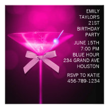 Hot Pink Martini Womans Hot Pink 21st Birthday Personalized Announcements