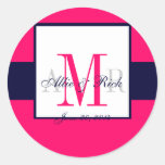 Hot Pink Navy Monogram Initials Wedding Label Round Sticker