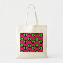 Hot Pink Neon Green Peace Sign Hippie Pattern Canvas Bags