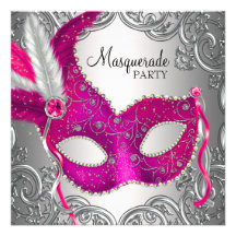 Hot Pink Silver Mask Masquerade Ball Party Invitations