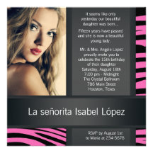 Hot Pink Zebra Photo Quinceanera Invitations