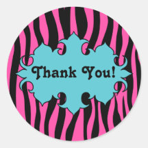 Hot pink zebra print with blue banner thank you round sticker