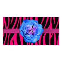 Hot pink zebra stripes monogram blue rose picture card