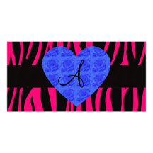 Hot pink zebra stripes monogram blue roses personalized photo card